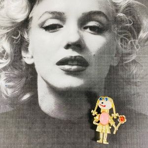 Adorable little vintage pigtailed girl pin with peach moon glow belly